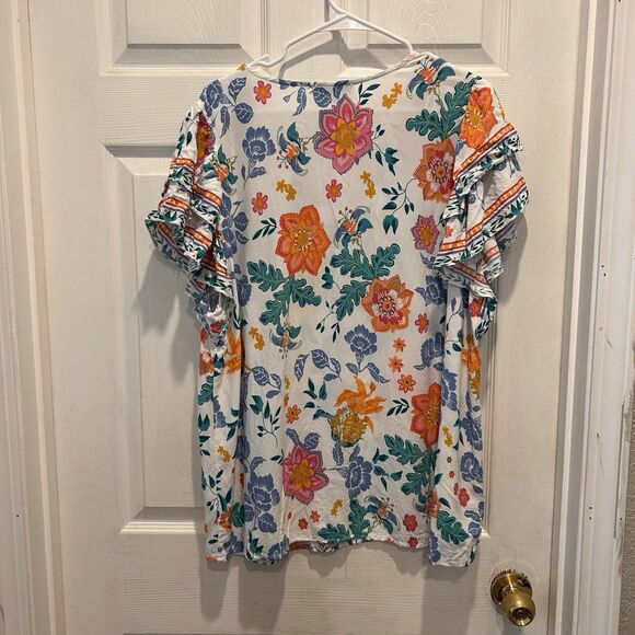 Rachel Zoe Short Sleeve Floral Blouse‎ Top Plus Size 2X Flutter Sleeve  Boho - Picture 5 of 6